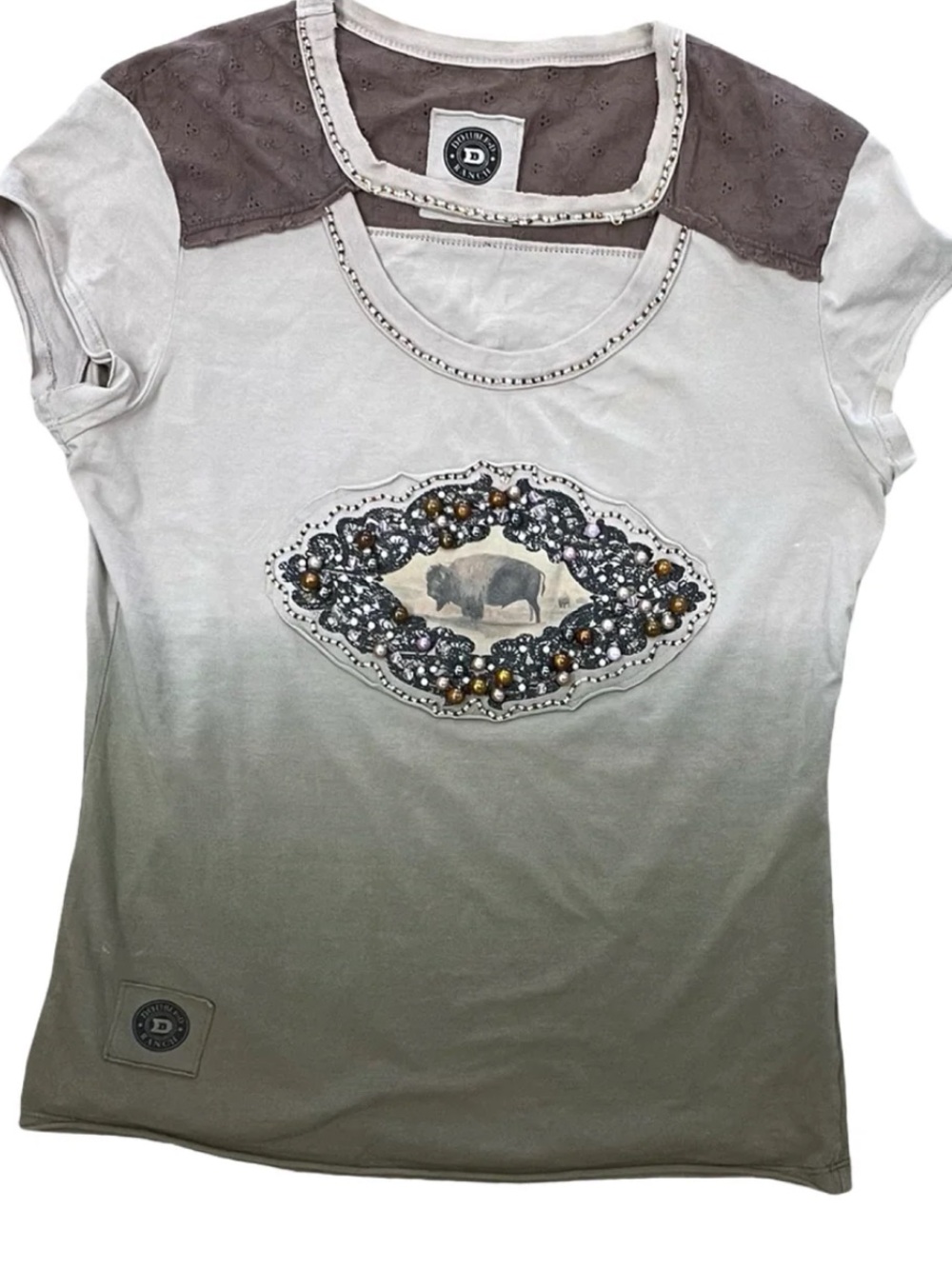 Double D Ranch Cream to Olive Ombre Short Sleeve Tee with Buffalo Medallion